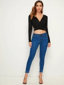 SHEIN Cut-out Surplice Neck Crop Top - Black - View 3