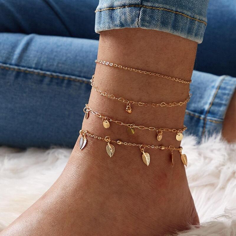 

Leaf & Disc Decor Chain Anklet 3pcs, Gold