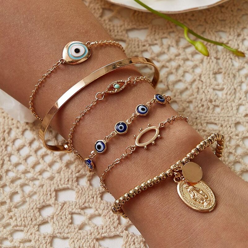 

Eye & Coin Decor Chain Bracelet 6pcs, Multicolor