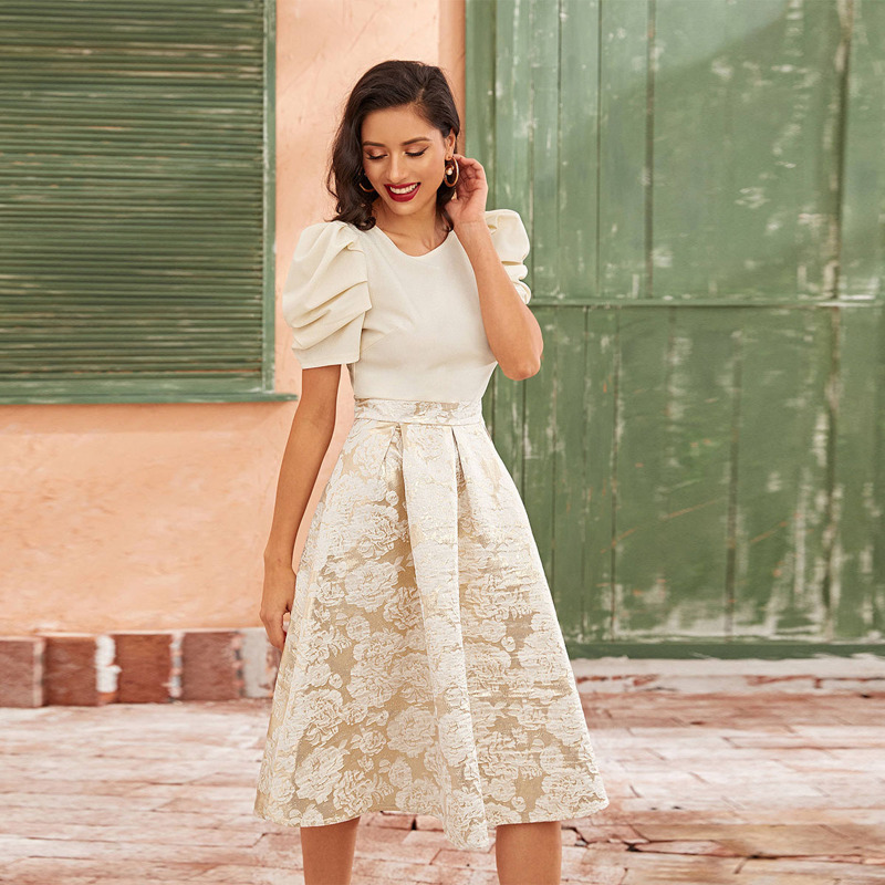 

Puff Sleeve Combo Jacquard Flare Dress, Beige pastel
