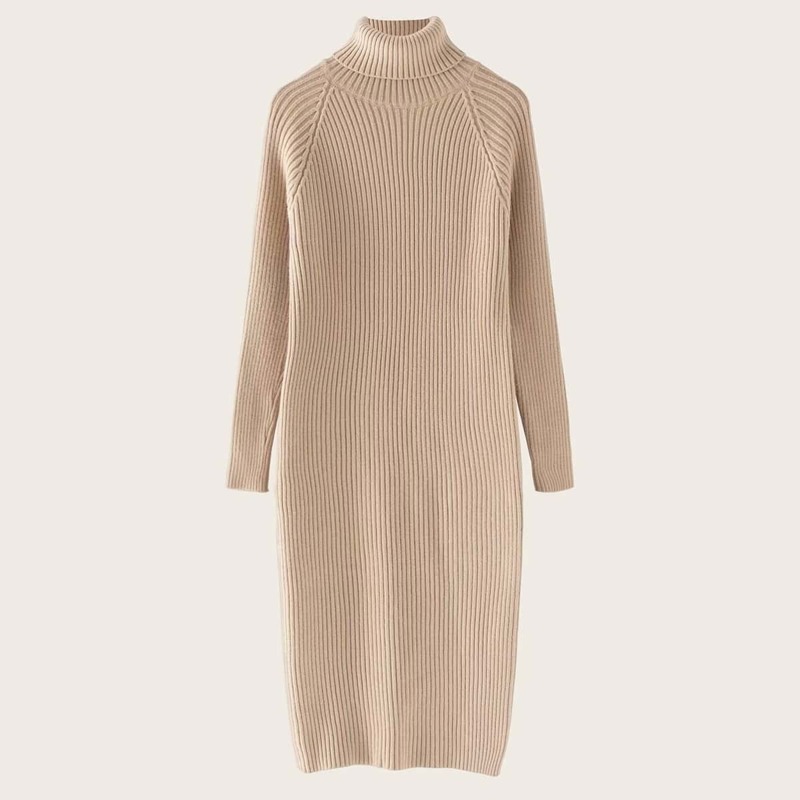 

High Neck Raglan Sleeve Sweater Dress, Khaki