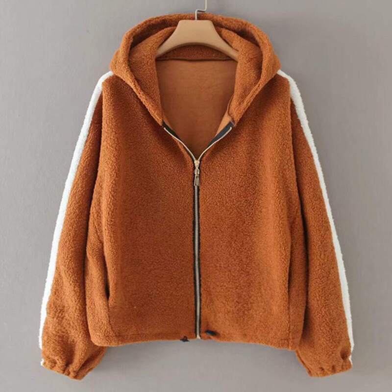 

Shearling Contrast Panel Side Zipper Hooded Jacket, Brown