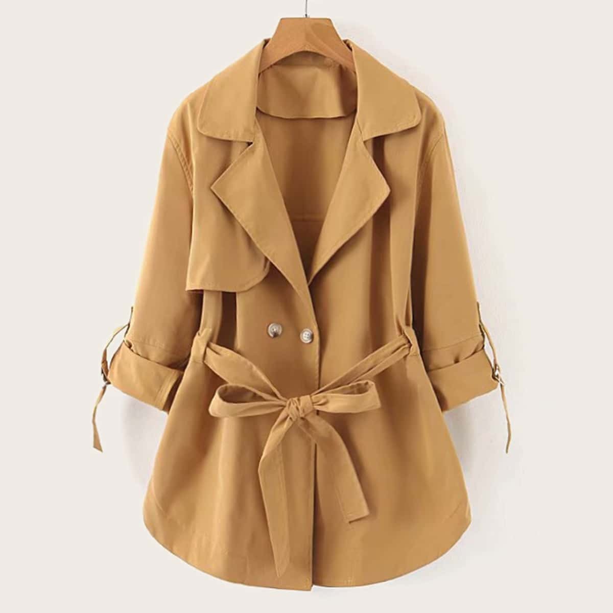 

Lapel Neck Roll Up Sleeve Belted Trench Coat, Khaki