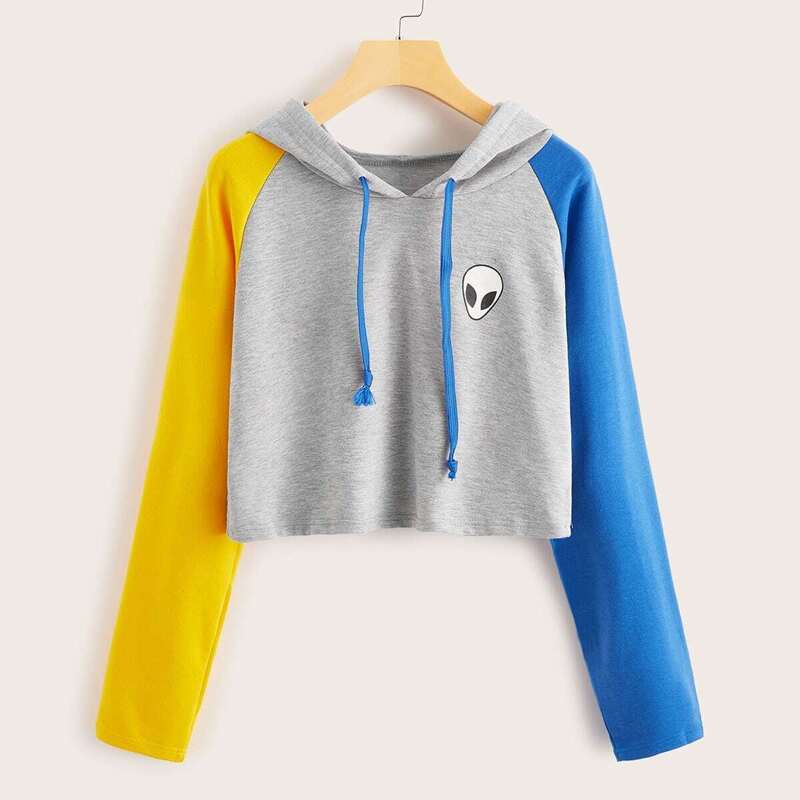 

Contrast Sleeve Alien Print Drawstring Hoodie, Grey