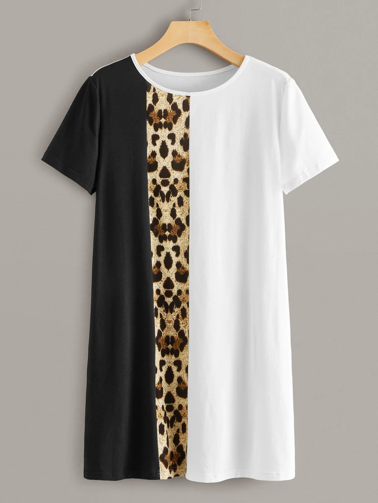 Vitt Färgblock Leopard Tillfällig Klänningar Vitt Färgblock Leopard Tillfällig Klänningar