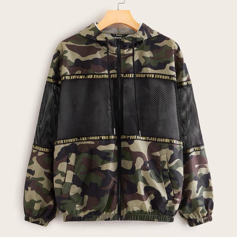 

Fishnet Mesh Insert Camo Print Hooded Jacket, Multicolor