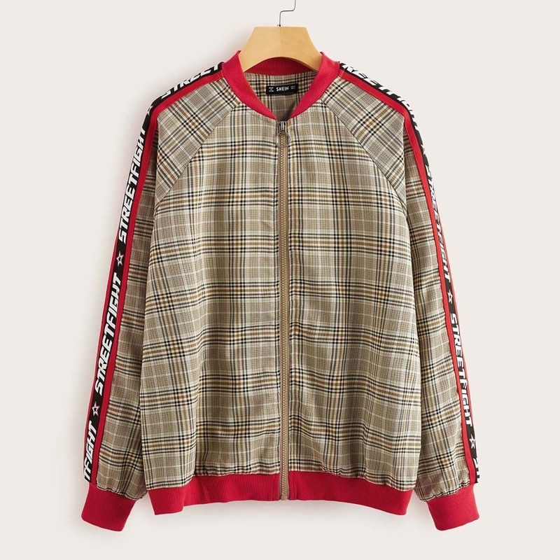 

Contrast Tape Raglan Sleeve Plaid Bomber Jacket, Khaki