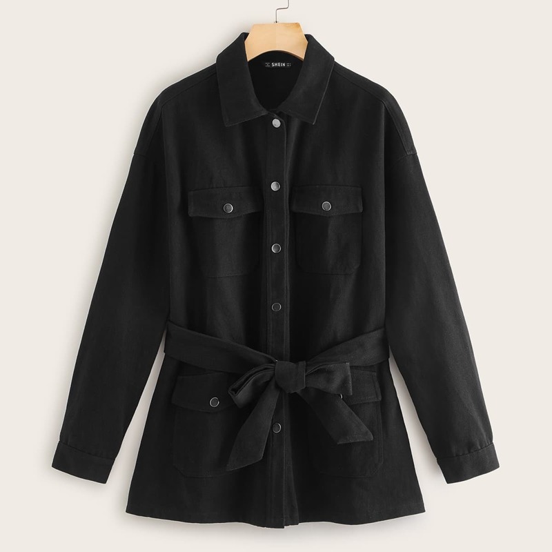 

Flap Pocket Front Self Belted Coat, Black