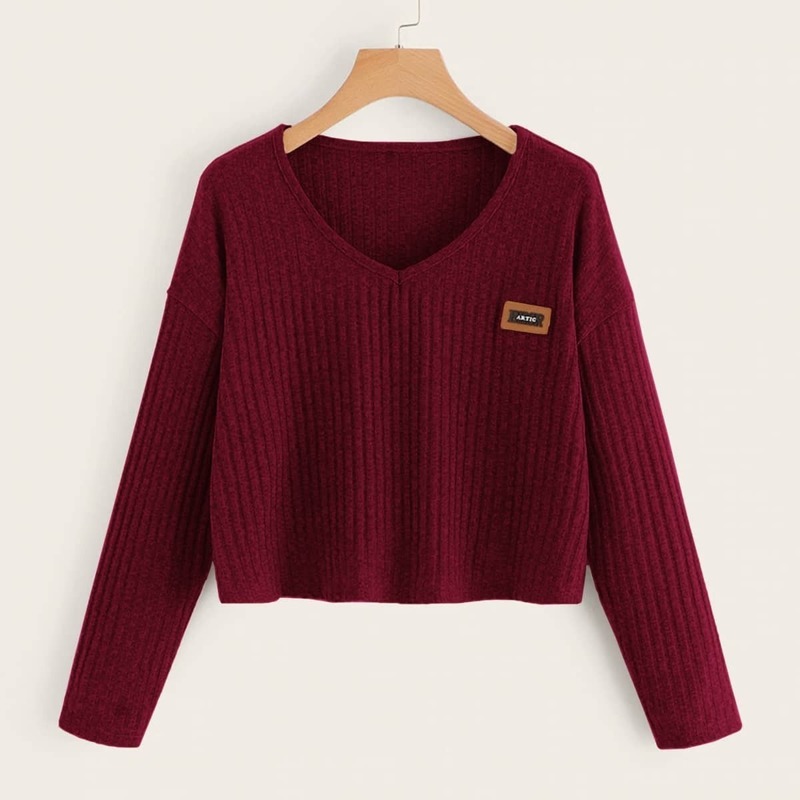 

V Neck Rib-knit Patched Tee, Burgundy