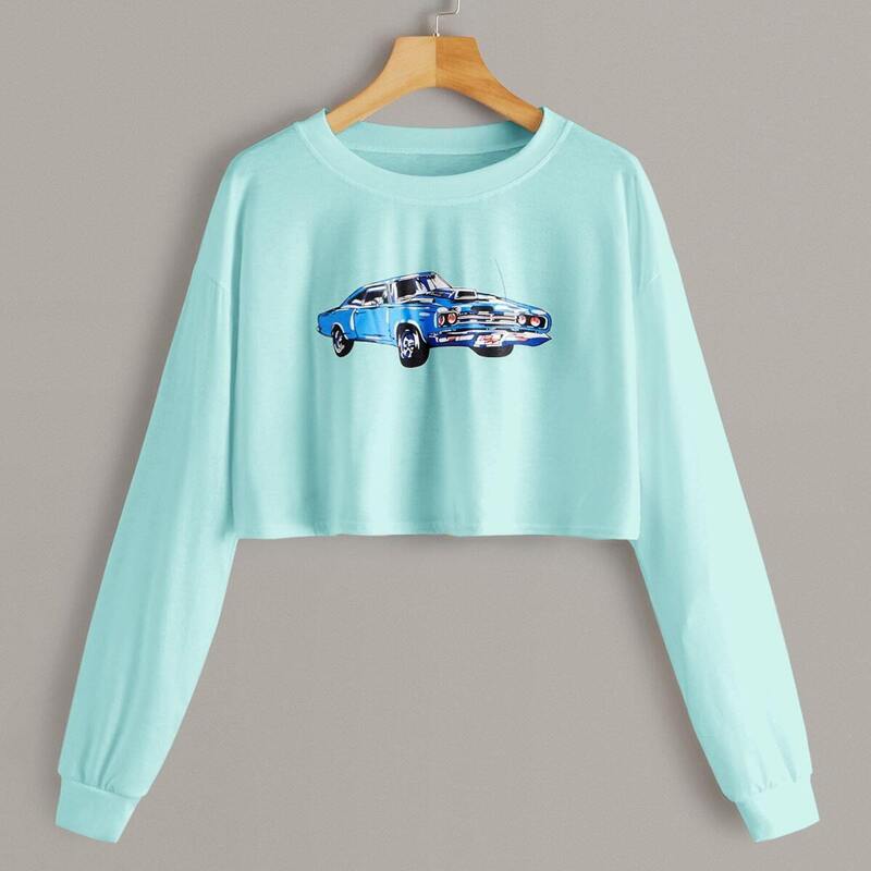 

Drop Shoulder Car Print Tee, Blue