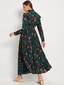 Mulvari Vestido fruncido de cuello con cordón ribete fruncido con estampado floral - Verde Oscuro - Ver 2