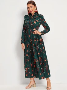 Mulvari Vestido fruncido de cuello con cordón ribete fruncido con estampado floral - Verde Oscuro - Ver 4