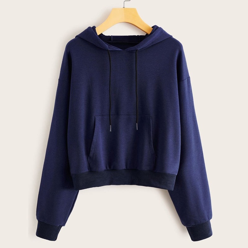 

Drop Shoulder Kangaroo Pocket Drawstring Hoodie, Navy