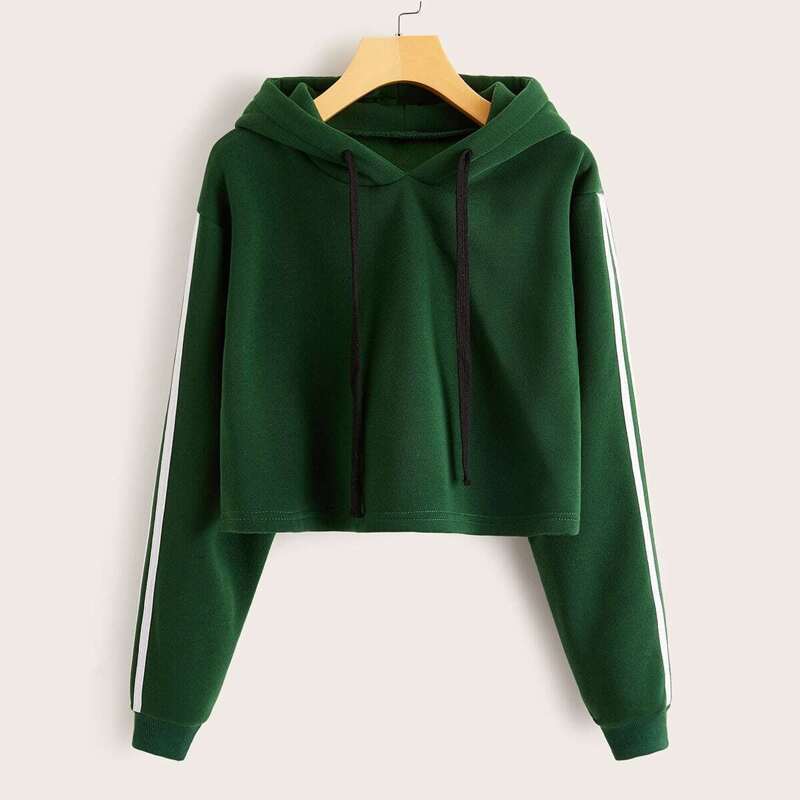 

Side Stripe Drawstring Crop Hoodie, Green