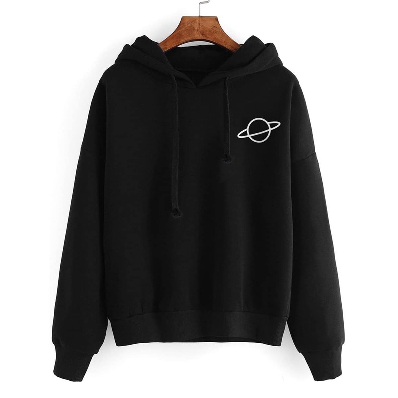 

Planet Print Drop Shoulder Hoodie, Black