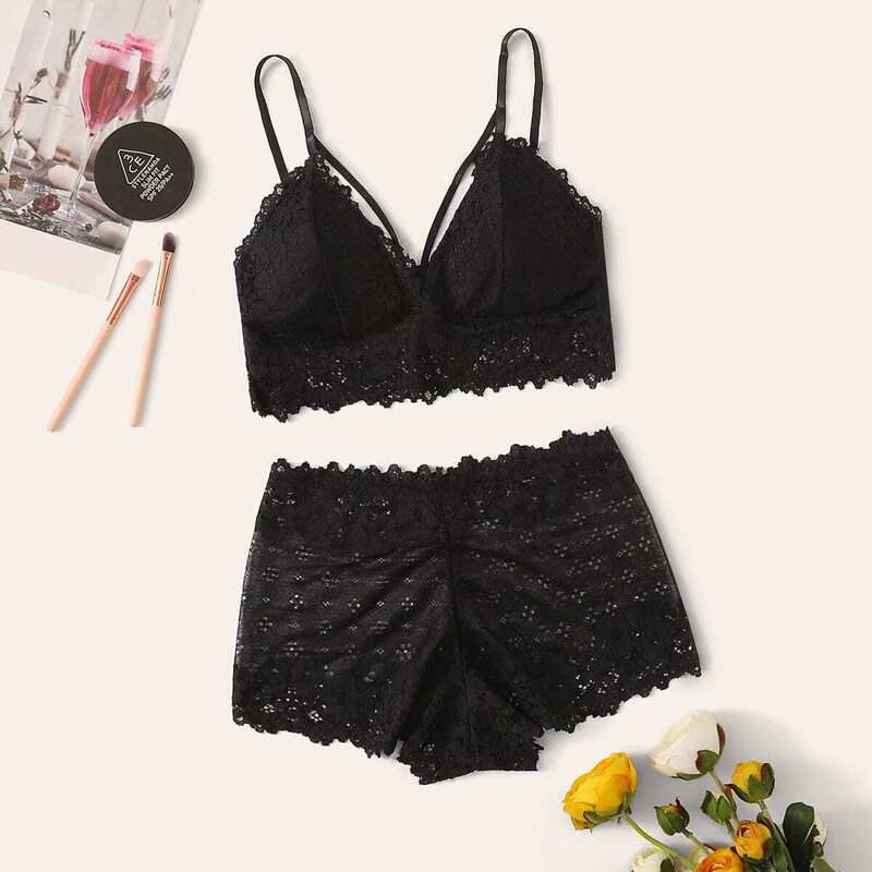 

Floral Lace Harness Lingerie Set, Black