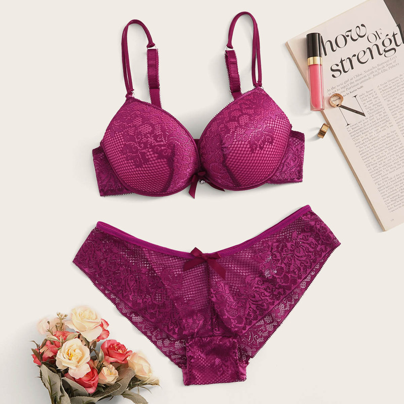 

Floral Lace Push Up Lingerie Set, Purple