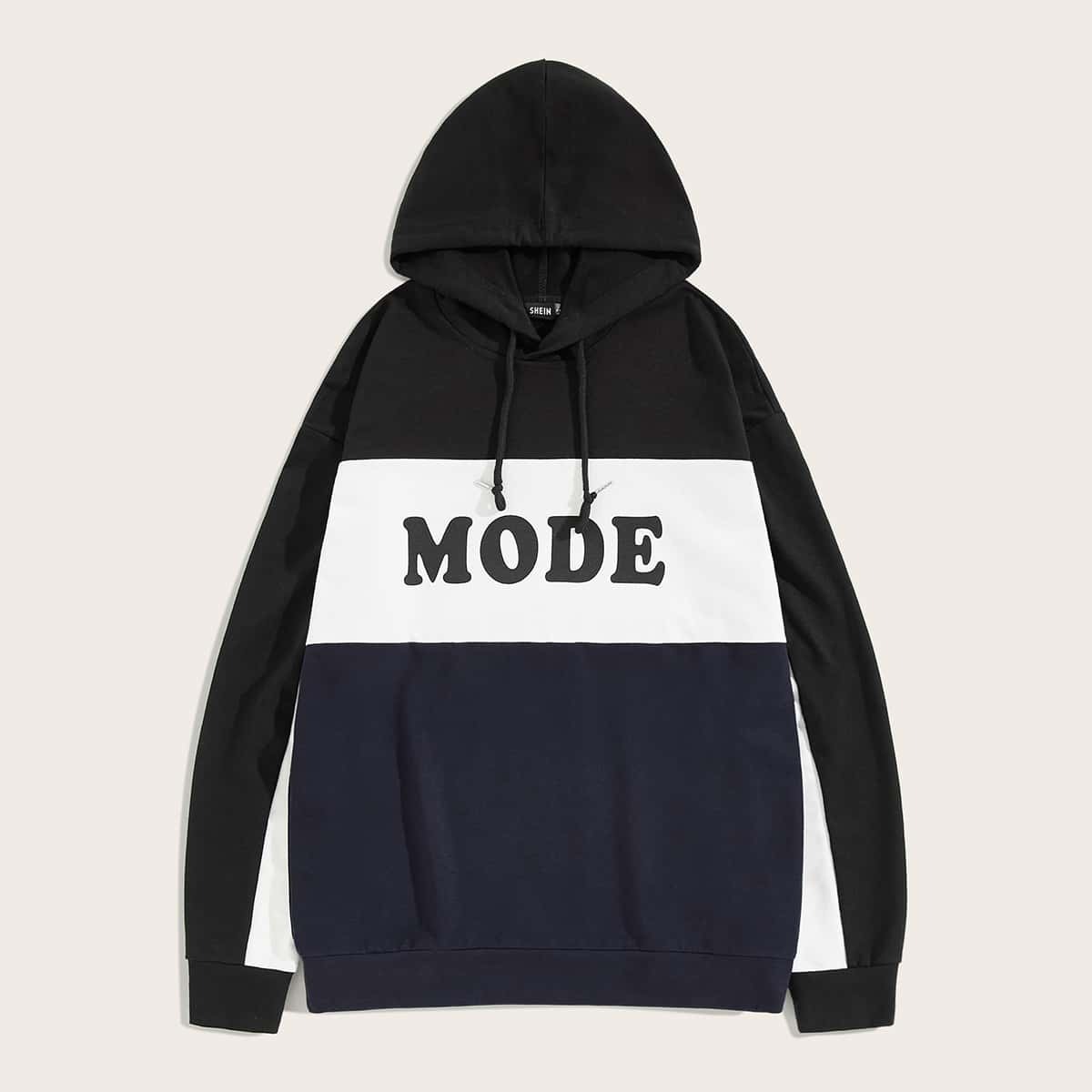 

Guys Letter Print Cut-and-sew Hoodie, Multicolor