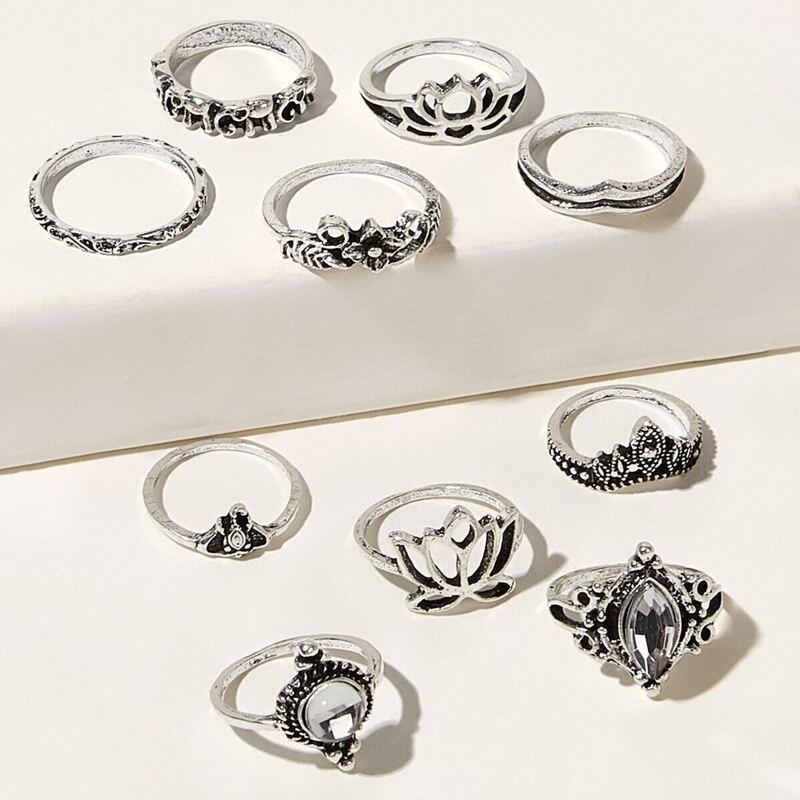 

Rhinestone Decor Rings 10pcs, Silver