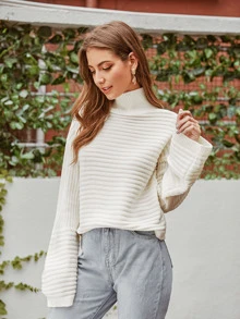 SHEIN High Neck Drop Shoulder Jumper - Beige - View 4