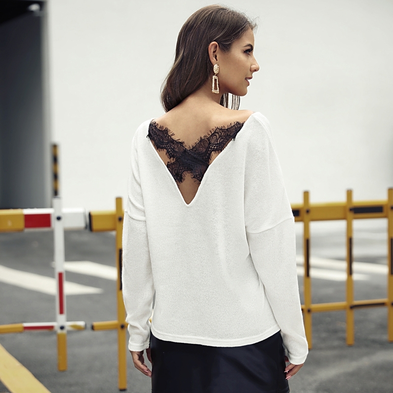 

Eyelash Lace Trim Drop Shoulder Sweater, White