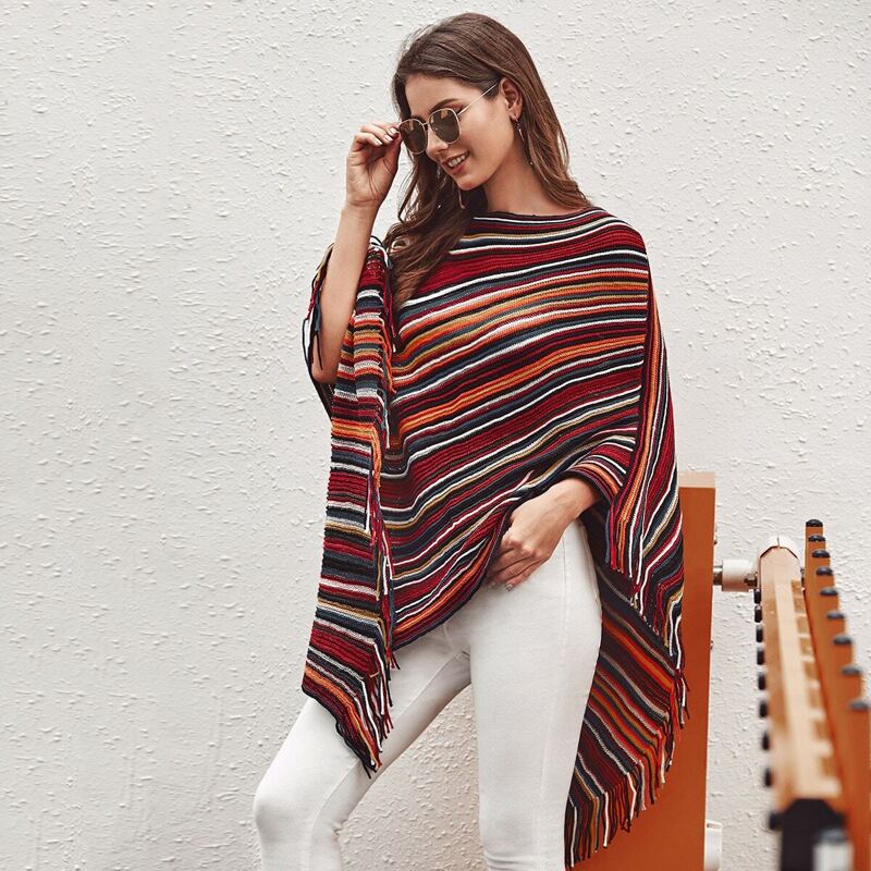 

Striped Fringe Trim Cape Sweater, Multicolor