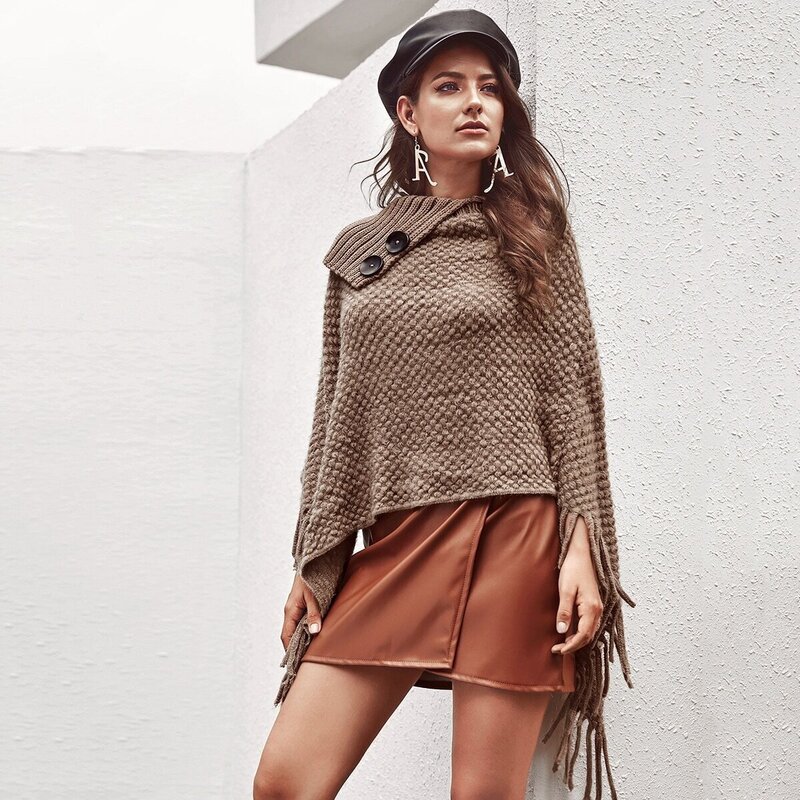

Fringe Trim Boucle Knit Cape Sweater, Brown