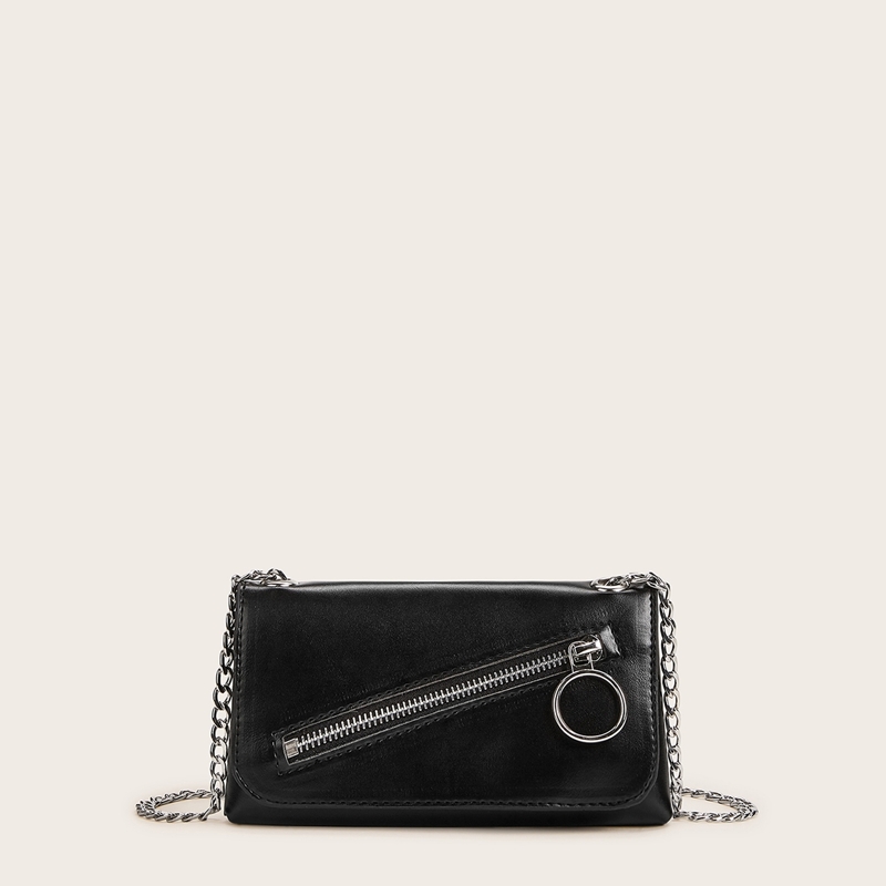 

Zip Decor Chain Crossbody Bag, Black