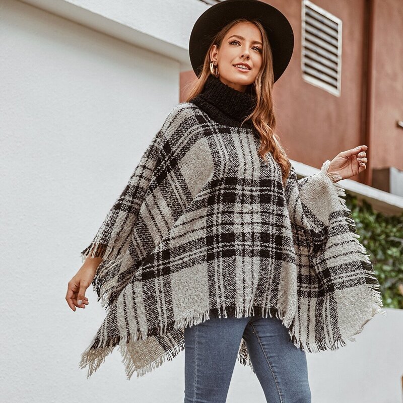 

Plaid Frayed Turtleneck Cape Sweater, Multicolor