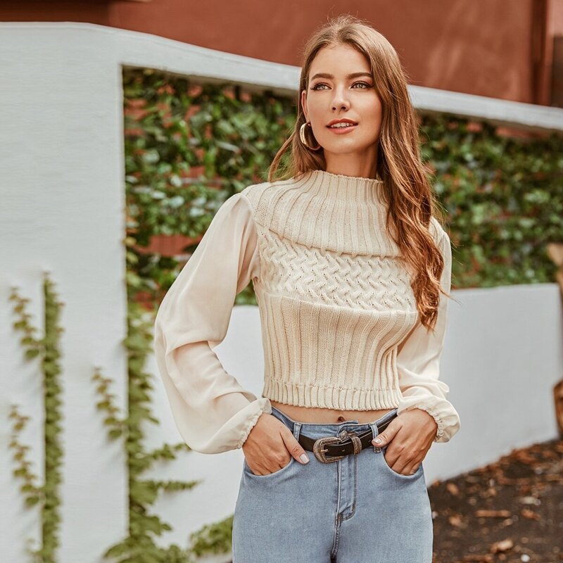

Mock-neck Mixed Knit Sweater, Beige pastel