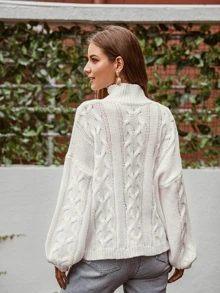 SHEIN Strick Pullover mit hohem Kragen und Zopfmuster - Weiss - Übersicht 2
