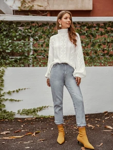 SHEIN Strick Pullover mit hohem Kragen und Zopfmuster - Weiss - Übersicht 3