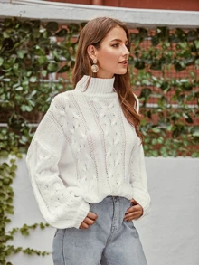 SHEIN Strick Pullover mit hohem Kragen und Zopfmuster - Weiss - Übersicht 4
