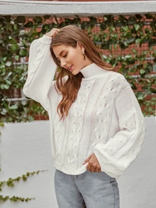 SHEIN Strick Pullover mit hohem Kragen und Zopfmuster - Weiss - Übersicht 5