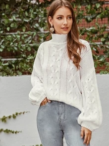 SHEIN Strick Pullover mit hohem Kragen und Zopfmuster - Weiss - Übersicht 1