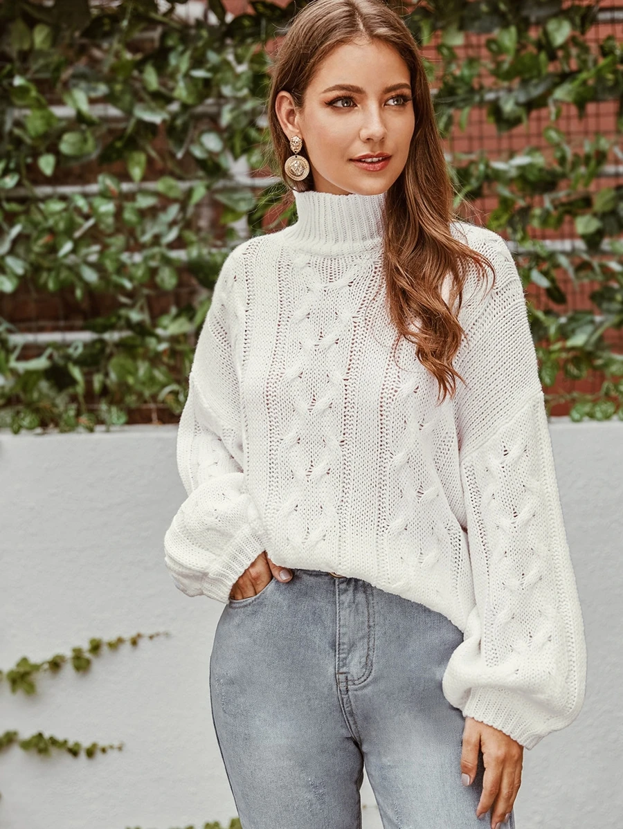 SHEIN Strick Pullover mit hohem Kragen und Zopfmuster - Weiss - Übersicht 1