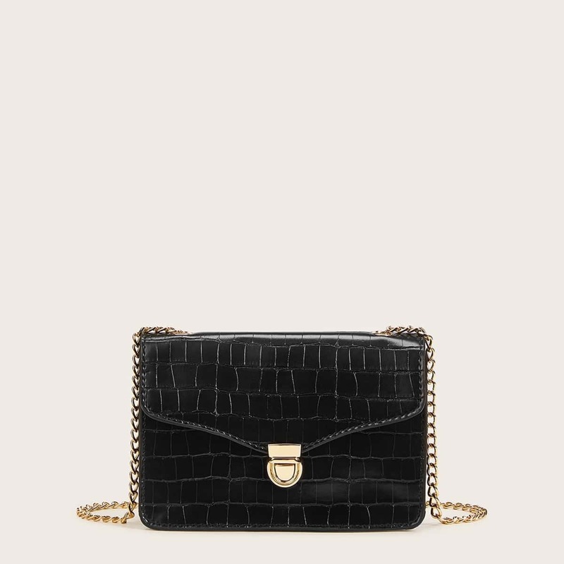 

Push Lock Croc Embossed Chain Bag, Black