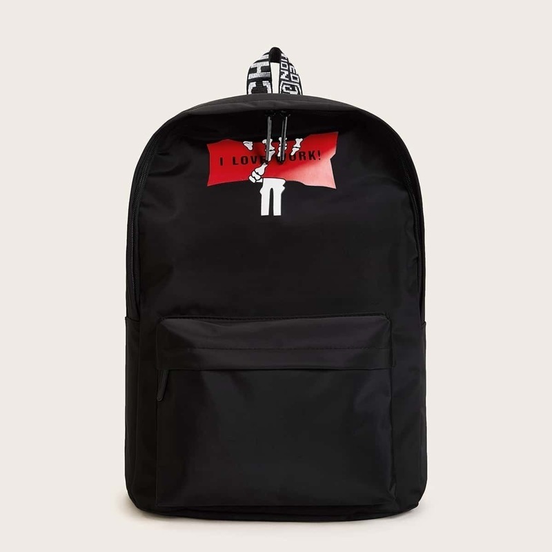 

Slogan Print Pocket Front Backpack, Black