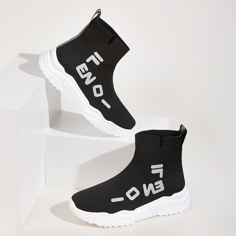 

Letter Decor High Top Knit Sneakers, Black
