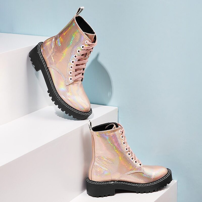 

Snakeskin Print Lug Sole Combat Boots, Pink