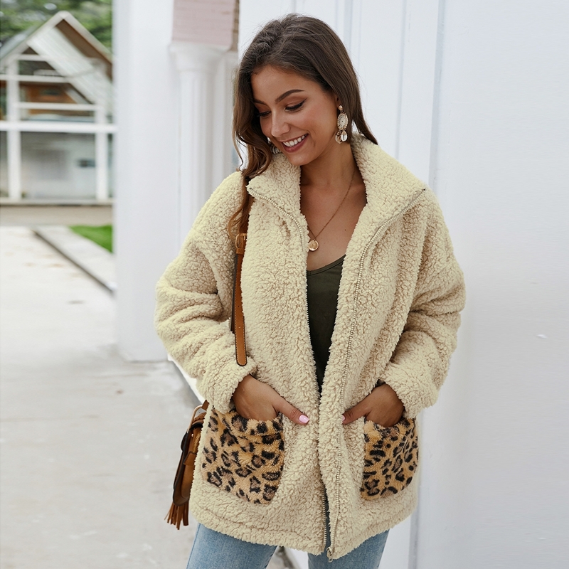 

Contrast Leopard Pocket Zip Up Teddy Jacket, Beige