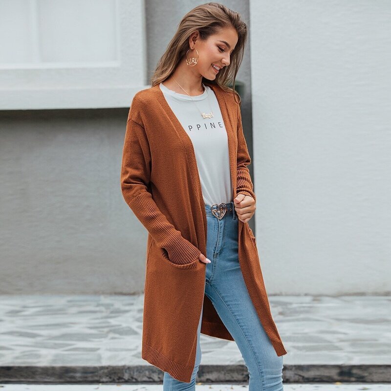 

Solid Dual Pocket Open Front Longline Cardigan, Brown
