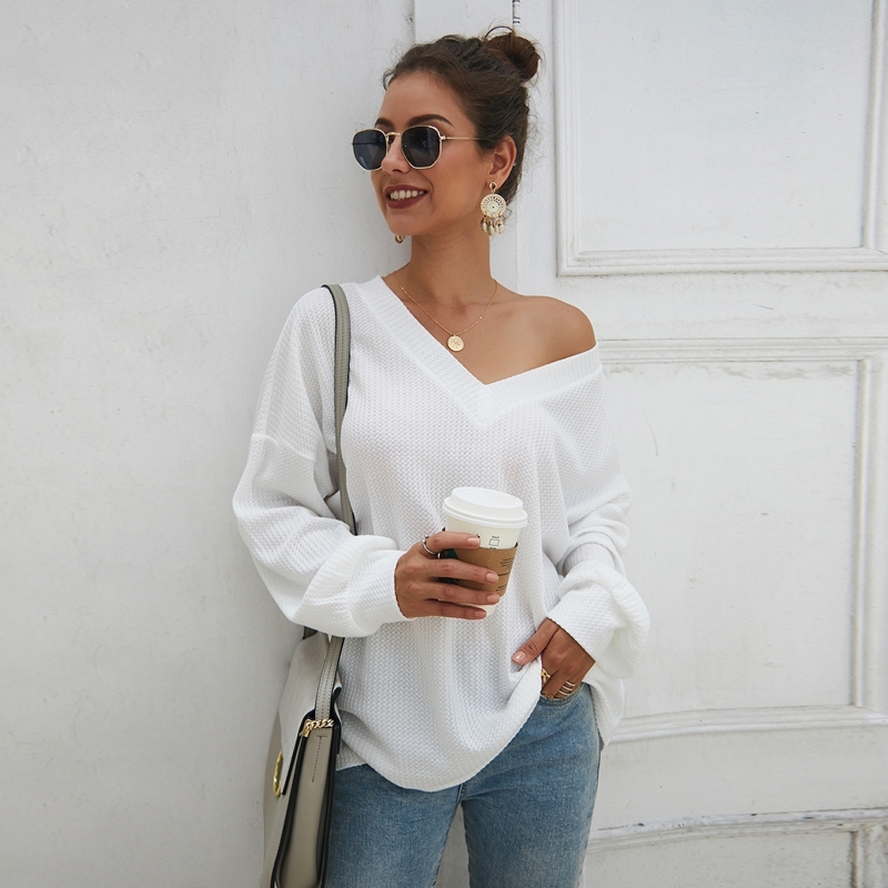 

Solid V-Neck Drop Shoulder Tee, White
