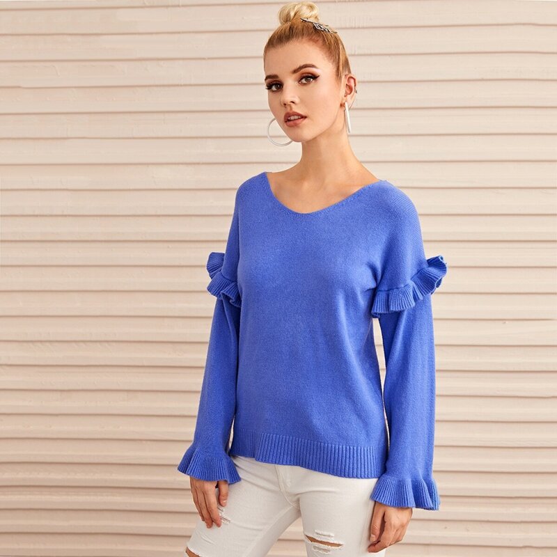 

Solid V-Neck Ruffle Sleeve Jumper, Blue