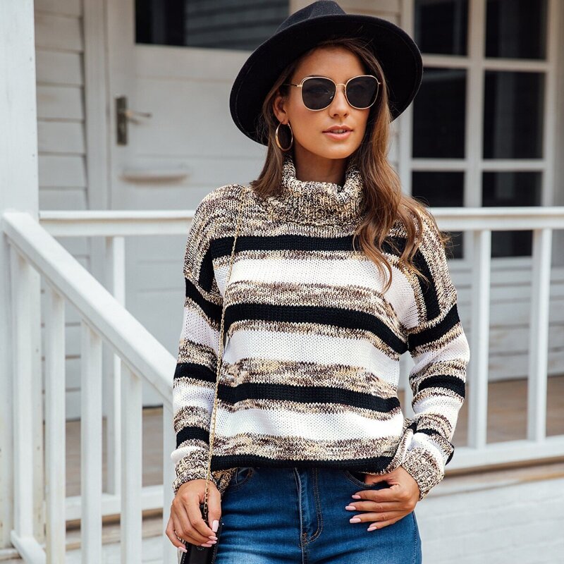 

High Neck Space Dye Striped Sweater, Multicolor