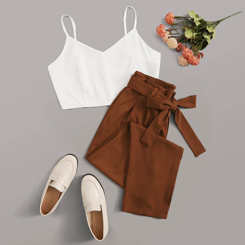 

Solid Zip Back Cami Top With Belted Pants, Multicolor
