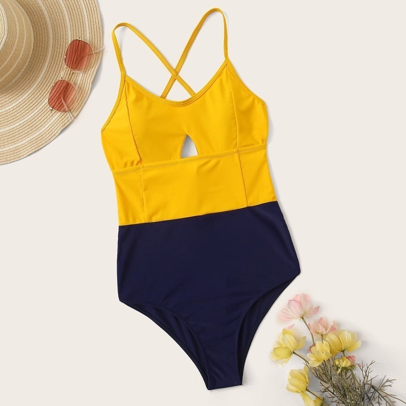

Two Tone Lace Up Back One Piece Swimwear, Multicolor