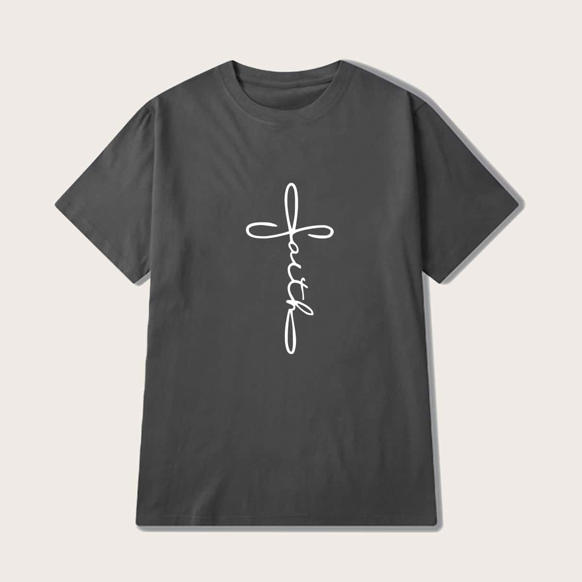 

Guys Letter Print Crew Neck Tee, Grey