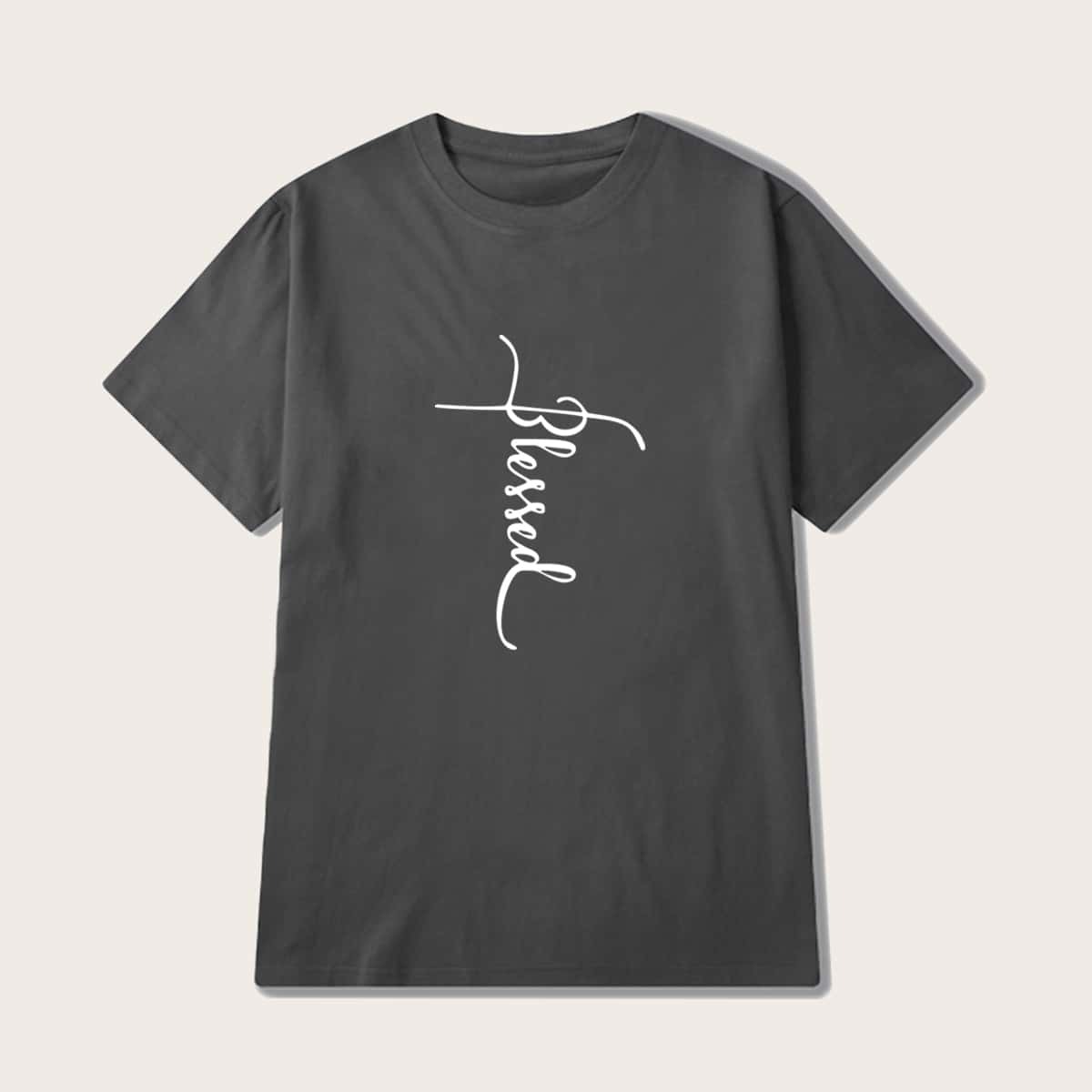 

Guys Letter Print Crew Neck Tee, Grey
