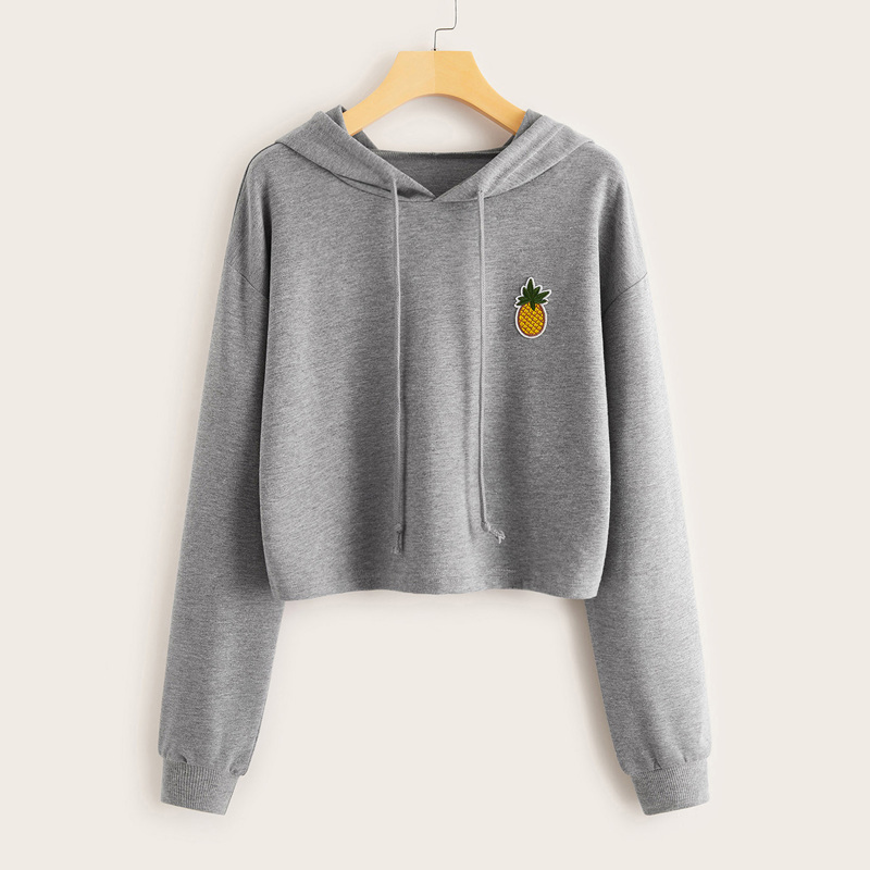 

Drop Shoulder Pineapple Patched Drawstring Hoodie, Grey